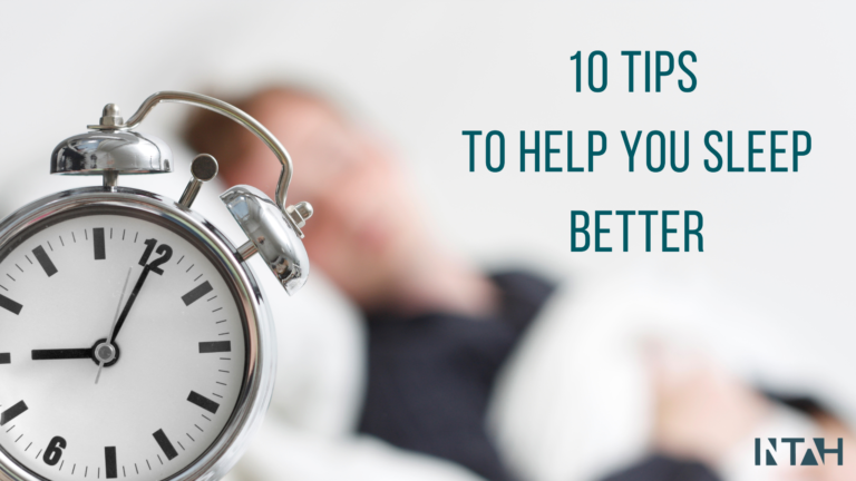 Image of a person sleeping, next to an alarm clock, with text saying "10 tips to help you sleep better"